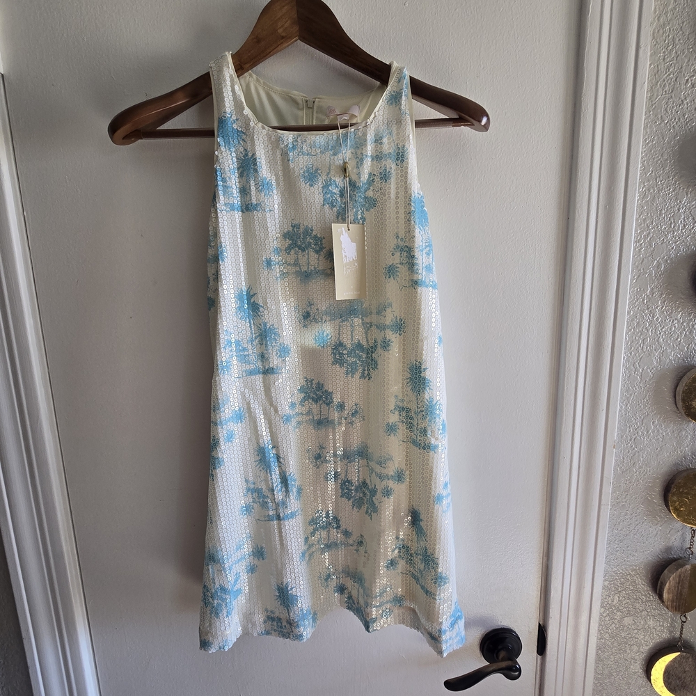 Gianni Bini x DANNIJO Twiggy sequin palm tree printed square neck mini dress.